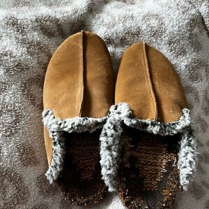 Free People Tan Faux-Suede Mule Slippers with Shearling Trim